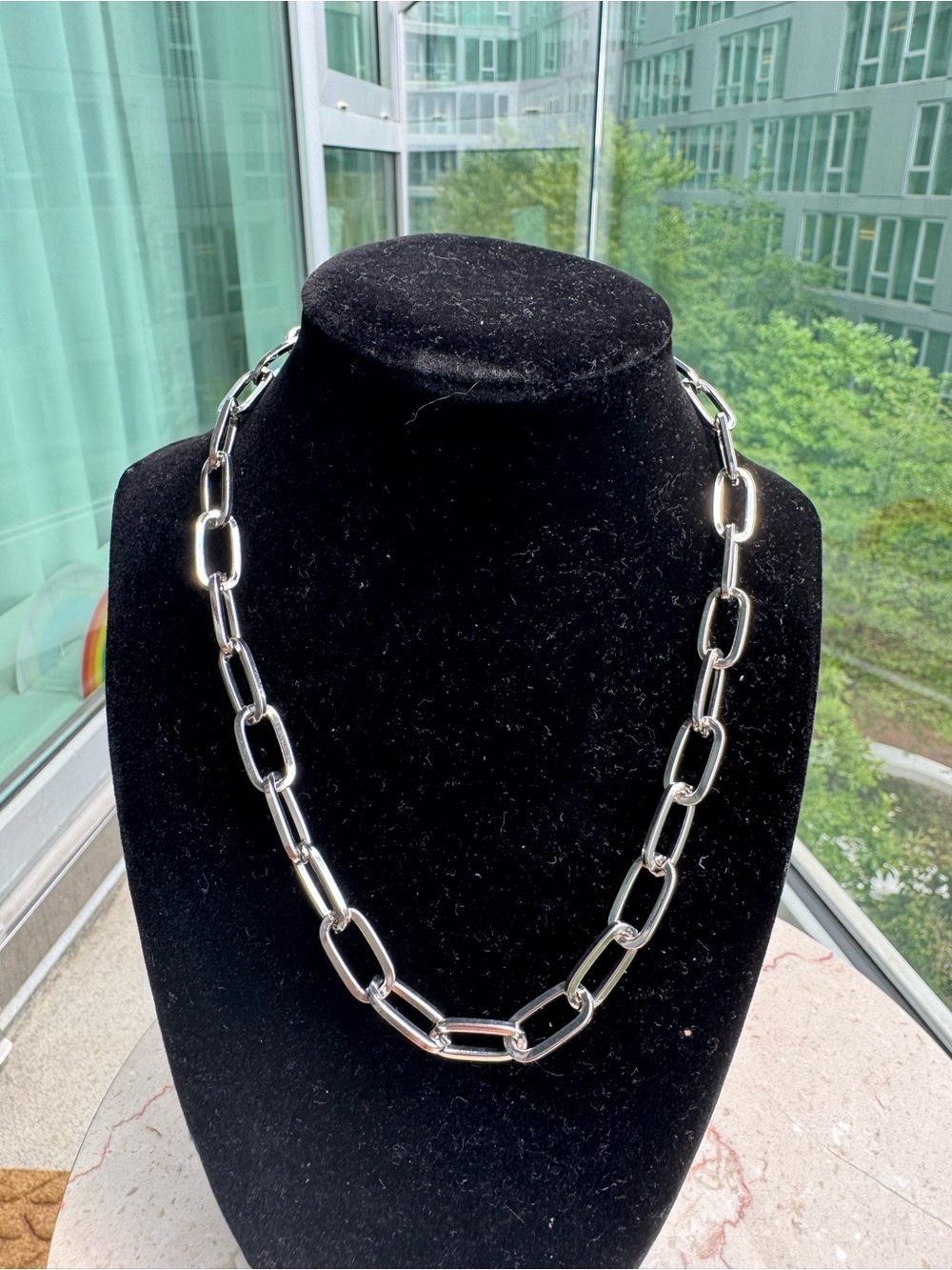 Clover Paper Clip Silver Tone Link Necklace